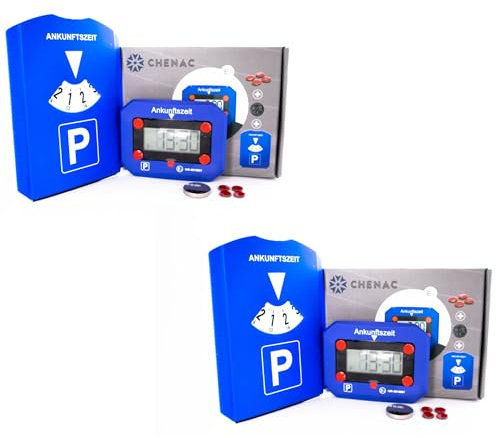 CHENAC 2X Elektronische Parkscheibe mit Zulassung, klebepads und Batterien - Elektrische Parkscheibe -Manuelle und automatische Digitale Parkscheibe für Autos mit Einkaufswagenchips und Eiskratzer