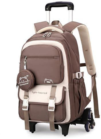 Tanou Schulrucksack Trolley für Mädchen, 30L Rucksack Teenager mit Rollen, Abnehmbar Trolley Schultasche Mädchen für Grundschule Sekundarstufe Lässiger Ranzen mit 6 Räder, Braun