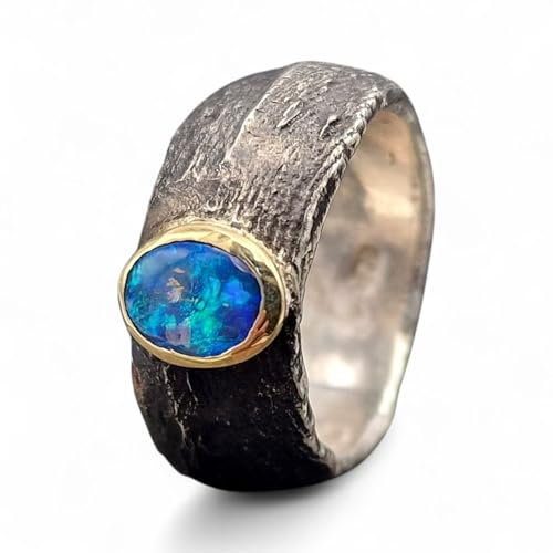 LeoLars-PABE Lightning Ridge Opal Design Ring in Bicolor aus 925er geschwärztem Silber und 585er Gelbgold Fassung, Sepiaguss, Naturstruktur, Unikat, Handarbeit, Größe: 56 (18)