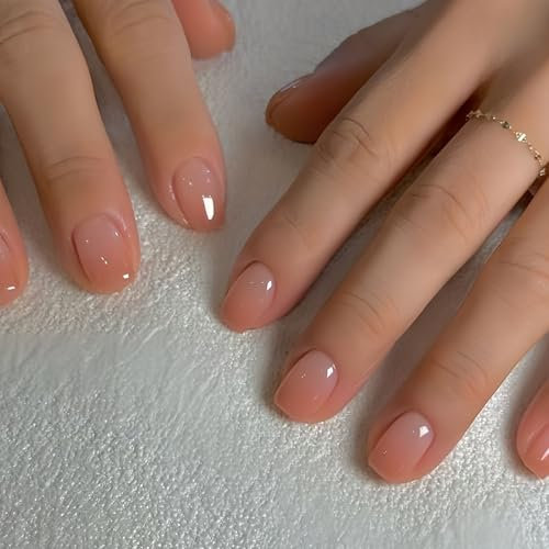 French Tip Nails - 24pcs Short Square False Nails - Orange Gradient Fake Nails with Glue - 12sizes Natural Glossy Full Cover Press On - Removable DIY Nail Art for Women Girls Daily Wear