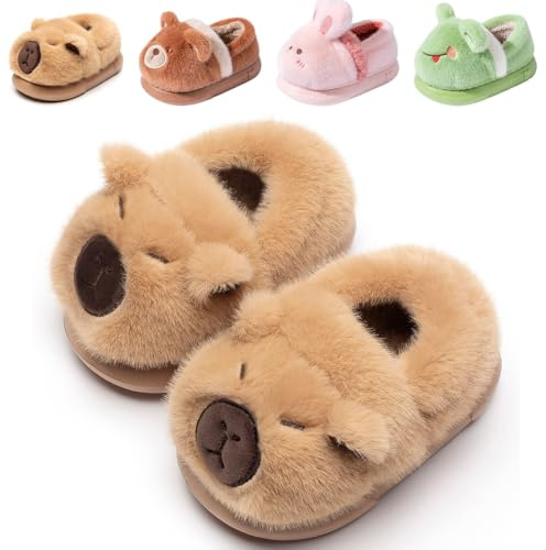 DRECAGE Zapatillas de Casa Niño Niña Invierno, Pantuflas de Peluche y Diseño de Animales Calientes Suave y Antideslizantes 316 Caqui Capibara 210 31 EU