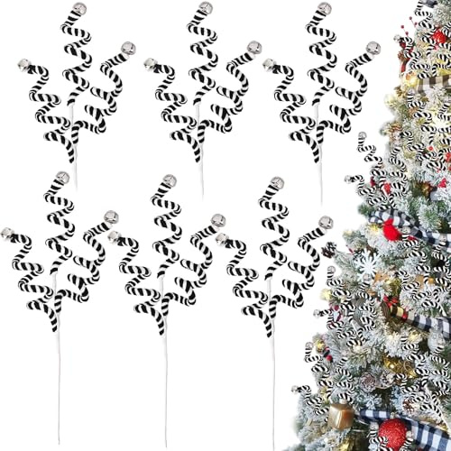 RINOLY 6 Pcs Christmas Tree Topper,17 in Black and White Christmas Ornaments Decorations,Woolen Bells Curly Halloween Christmas Tree Picks Ornaments for Tree Decorations Vase Filler Garland