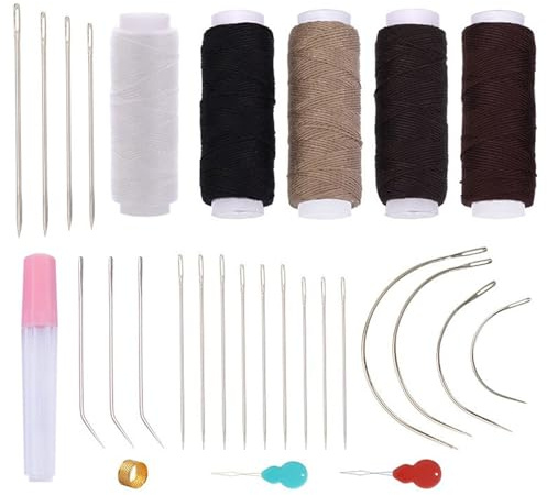 Kit de costura para extensiones de cabello, 29 piezas con agujas de tejer, hilos multicolor, enhebradores de agujas, herramientas para hacer pelucas
