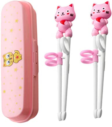 Kids Learning Chopsticks, Kids Training Chopsticks Cute Cartoon Plastic Learning with Ring Sleeves for Baby 2Pair, Chopstick Helper