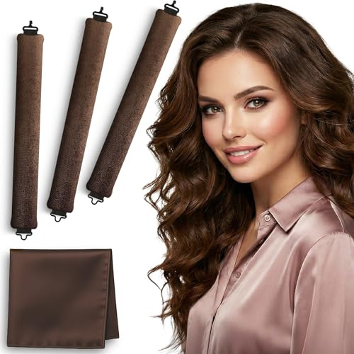 VISOFO Lot de 3 tiges de soufflage de nuit | Boucles sans chaleur pour rouleaux de cheveux longs ou courts - Tubes en mousse flexible sans chaleur - Satin de soie et velours doux pour dormir - Marron