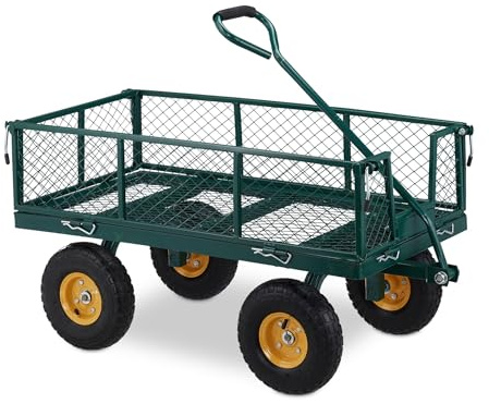 Handwagen Garten mit 4 Luftreifen, Schwerlast Transportwagen aus Stahl bis 250 kg, Bollerwagen mit Klappbaren Seitenteilen, Plattformwagen für Garten, Einkauf, Festival & Outdoor