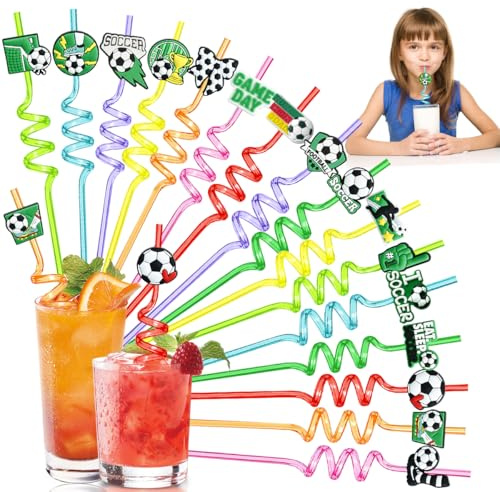 Fußball Kinder Strohhalme, 16 Stück Wiederverwendbare Fußball Strohhalme, Lockige Kunststoff Strohhalm, Strohhalm Plastik, Strohhalm Kinder für Geburtstagsfeier Party Deko