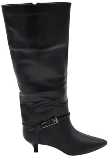 Stivali Slouchy in Pelle Nero a Punta con Tacco Kitten 3 cm Stiletto Gambale Medio con Fibbia Argento Zip (40 EU)