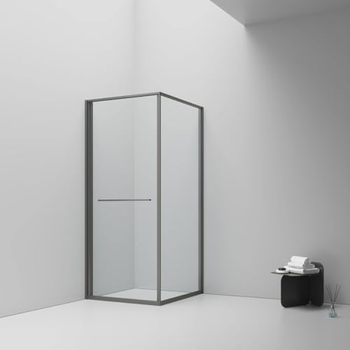 Belvit Cabine de douche 90 x 90 cm, porte coulissante ouvrant vers l'intérieur, verre de sécurité ESG 6 mm, revêtement anti-calcaire, peu encombrant, réversible gauche et droite, cadre en aluminium