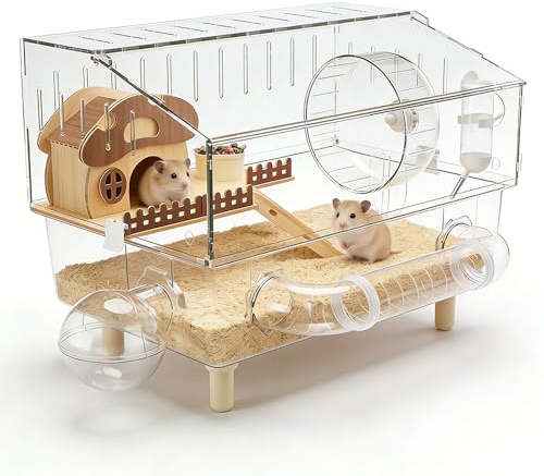 Acrylic Hamster Cage, HOVCEH 2-Layer Clear Hamster Cage with Exercise Wheel, Platform, Bowl and Water Bottle, Large Mouse Cages Pet Home for Hamsters, Squirrels, Hedgehogs, 45 * 28 * 34cm