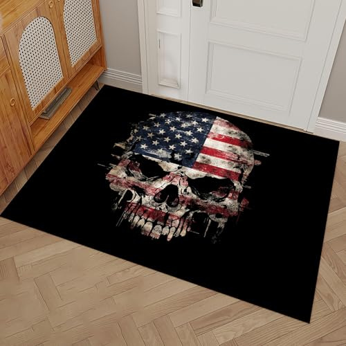 Zerbino Bandiera Americana Teschio E Tibie Incrociate per Interni 90 x 150 cm, Zerbino Sottile Vintage Americano Effetto Invecchiato, Tappeti per L'ingresso, Basso Profilo Che Cattura Lo Sporco
