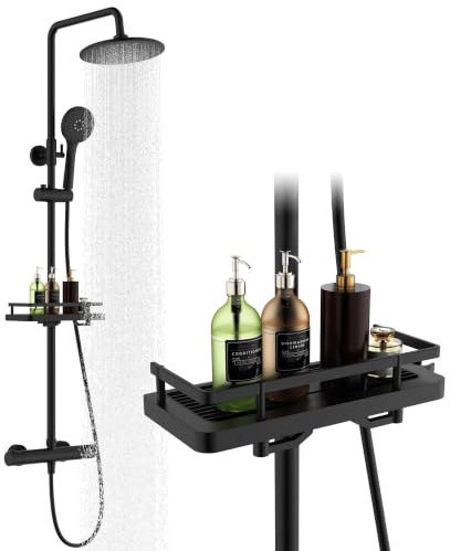 HOMELODY Duschsystem mit Thermostat und Duschablage - Duscharmatur Komplettset schwarz mit Rund Regendusche Duschkopf, 3 Strahlarten ABS Handbrause, Sicherheitssperre bei 38°C - Duscharmatur Schwarz