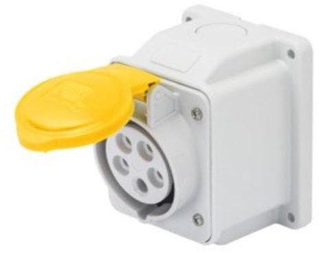 Gewiss GW62401 Low Voltage Screw Wiring 10 Degree Angled Surface-Mounting Socket-Outlet, IP44, 4 Reference, 2P+E Pole, 100V-130V, 16 A, 50 Hz/60 Hz, Yellow