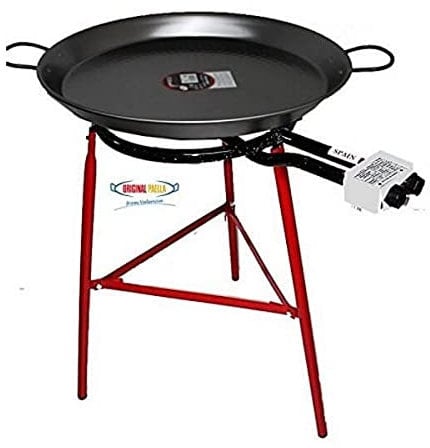 Paella Cooking Set with 46cm Polished Steel Paella Pan, Gas Burner, Legs and Skimming Spoon
