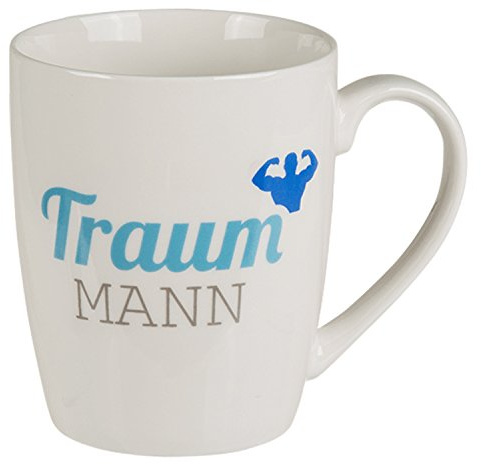 Haus und Deko Kaffeetasse Tasse mit Henkel Porzellan-Becher Bone Weiß mit Aufdruck Traummann in Blau