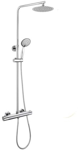 Colonna doccia con tubo tondo estensibile da 80 a 120 cm. e rubinetteria termostatica al tatto freddo antiscottatura. Doccia a mano idromassaggio e spruzzatore superiore rotondi. RICAMBI GARANTITI