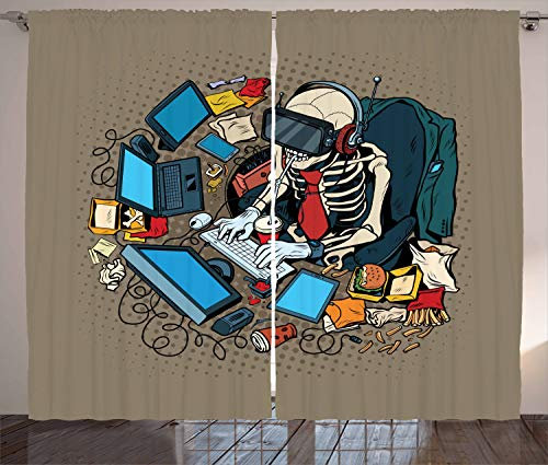 ABAKUHAUS Gamer Rustikaler Gardine, Skeleton virtuelle Realität, Schlafzimmer Kräuselband Vorhang mit Schlaufen und Haken, 280 x 175 cm, Dunkler Kakao