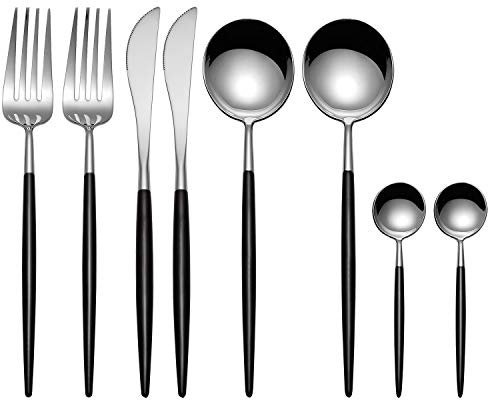 Juego de cubiertos MORGIANA de 8 piezas, juego de cubiertos de acero inoxidable 18/10, juego de cubiertos dorados, juego de vajilla con acabado espejo Servicio de vajilla para 2 (Negro y plata)