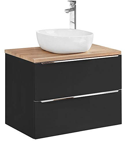 Lomadox Badezimmer Waschtisch Set mit 60cm Keramik-Aufsatzwaschbecken seidenmatt anthrazit MDF-Fronten & Wotaneiche