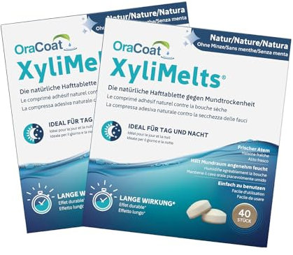 XyliMelts Ohne Minze 80 Stück - Hafttabletten gegen nächtliche Mundtrockenheit - befeuchten im Schlaf den Mund 4-8 Stunden - mit Xylitol: leicht süßlicher Geschmack - gegen trockenen Mund