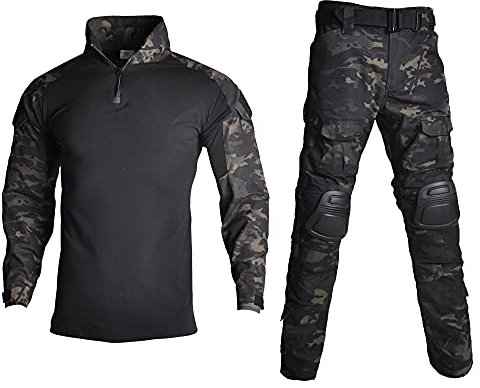 Lilychan Herren Taktische Militäranzüge Langarm Rip-Stop Uniformen Kampfshirt und Hose Ellenbogen Knieschoner, CP-black, Large