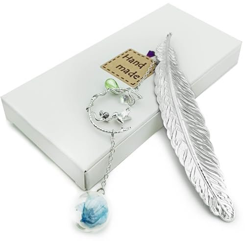 SUOXU Feder Lesezeichen, Zwei Farben von Gold und Silber, Exquisite Retro mit 3D-Kolibris und Glasperlen, für Leser, Damen und Kinder, Geburtstag, Thanksgiving, Weihnachts-Lesezeichengeschenke