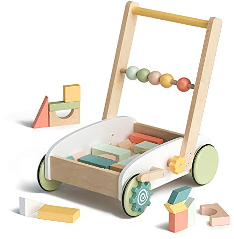 ROBUD Holz Lauflernwagen Baby Lauflernhilfe mit geometrischen Baublöcken, Lernen Laufwagen Spielzeug/ Baby Walker, für Gehfrei Kleinkinder, Bunte Bausteine