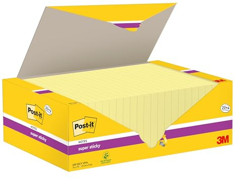 Post-it Super Sticky Notes, 24 Pads (2160 Sheets), 127 mm x 76 mm, Yellow | Self-Stick Notes with Stronger Hold, for Reminders, Lists and Planning, Adhesive on Vertical Surfaces, Repositionable