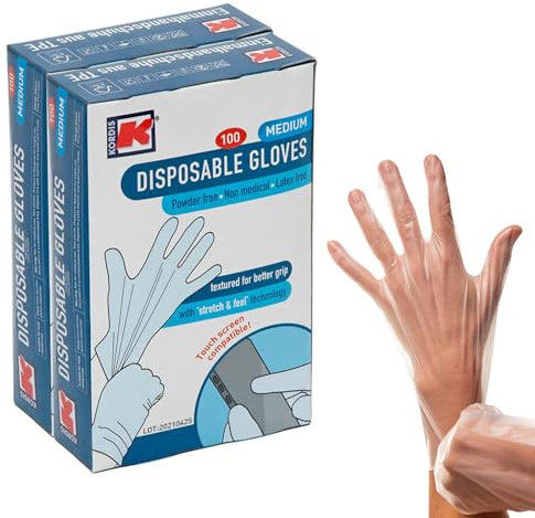 Kordis TPE-Einweghandschuhe, puderfrei, latexfrei, robust, 2 x Box mit 100 Stück, 200 Stück, transparent, mittlere Größe