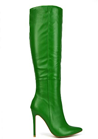 ESSEX GLAM Womens Knee High Boots Mid High Heel Ladies Pointed Toe Shoes Size 3-8 (Green Synthetic Leather, numeric_5)