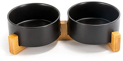 SPUNKYJUNKY Ceramic Dog and Cat Bowl Set with Wooden Stand, Modern Cute Weighted Food Water Set for Small Size Dogs (13.5OZ ) & Medium Sized Dogs (28.7OZ) & Cats (3.6 Cups, 2 × Black)