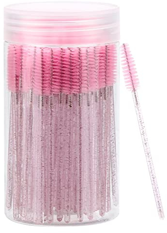 100 Pcs Disposable Mascara Wands, Crystal Eyebrow Spoolies Brush for Eyelash Extensions, Pink Lash Brushes with Container