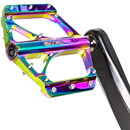 GORIX Flache Fahrradpedale, breit, CNC, leicht, mit rutschfestem Stift, für Rennrad, Mountainbike, MTB (GX-FX351) (Oil Slick)