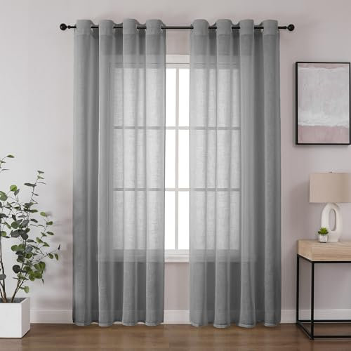 CUCRAF Leinenoptik Grau Voile Vorhänge mit Ösen Halbtransparent Gardine für Schlafzimmer Wohnzimmer H175 x B140cm 2er Set