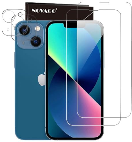 NOVAGO Compatible avec iPhone 13 - Pack de 4 Films vitre verre trempé donc 2 pour écran et 2 pour l'objectif caméra arrière