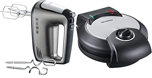 SEVERIN Sbattitore manuale con cavo a spirale, ca. 400 W, HM 3832, argento/nero, 28,5 & 2103 macchina per waffel, in acciaio inox satinato, 1200 W, inossidabile, grigio e nero
