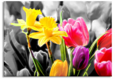 Pixxprint Glasbild, Wandbild aus Echtglas, Narzissen und Tulpen, 60x40 cm, inkl. Aufhängung und Abstandshalter