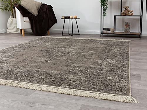 Steffensmeier Kurzflor Teppich Riad | Wohnzimmer | Orient | Pflegeleicht | Vintage Keshan Taupe,Größe: 135x195 cm