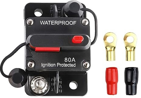 FrogBro AMP Auto-Leitungs-Schutzschalter mit manuellem Reset, 12 V - 48 V DC, Wasserdicht, Inline-Sicherungshalter, Geeignet für Wechselrichter, Auto, Boot, Solarstromanlagen, inkl. 2 Ringklemmen.