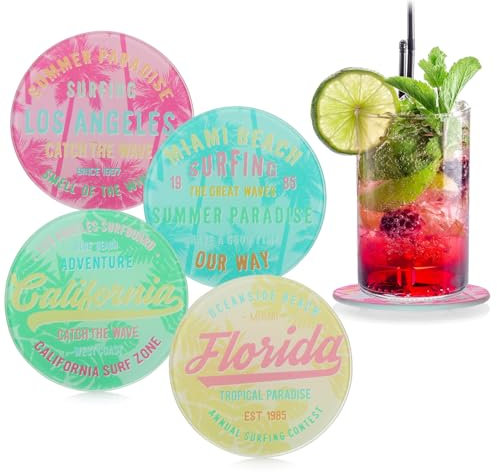 COM-FOUR® 4x sous-verres en verre pour boissons - Sous-verres ronds pour chaque table - Sous-verres en verre avec motif Surfing