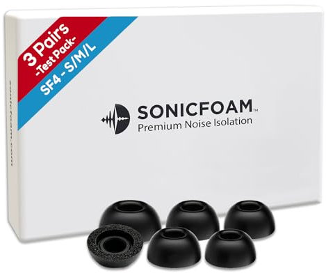 SONICFOAM Memory Foam Earbud Tips - Premium Noise Isolation, Replacement Foam Earphone Tips, 3 Pairs for in Ear Headphone Earbuds (SF4, S/M/L, Black, Tester Pack)