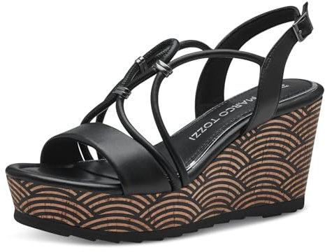 MARCO TOZZI Damen Sandalen mit Keilabsatz mit Verstellbarem Riemen Vegan, Schwarz (Schwarz), 39 EU