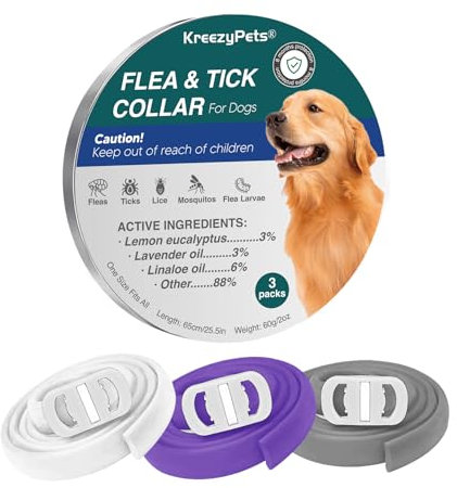 KreezyPets Collier anti-puces pour chien, collier anti-tiques pour chien, longueur 65 cm, taille unique pour tous les chiens, ingrédients naturels de plantes, design étanche
