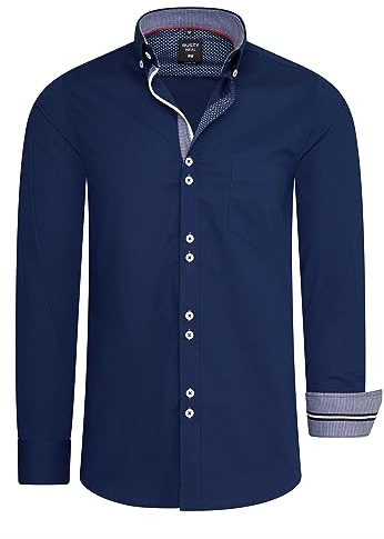 Freizeit Herren Hemd mit Ausgefallenem Knopf-Design und Eleganten Kontrast Elementen Body Fit Langarm Kent Kragen Stretch-Hemd 025