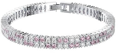 Ayoiow Bracciale Tennis Donna in Argento Sterling 925 Rosa Bianco Braccialetti da Tennis Catena da Tennis A 2 File Zirconia Cubica