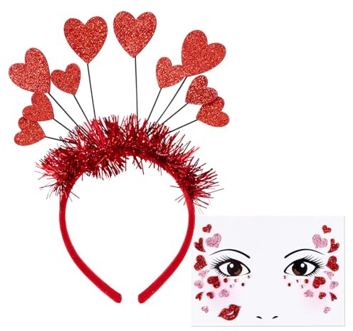 BOFUNX Herz Haarreif glitzer Stirnband mit Herz + Herz Gesicht Sticker Gesicht Tattoos für Valentinstag Karneval Halloween Geburtstag Party