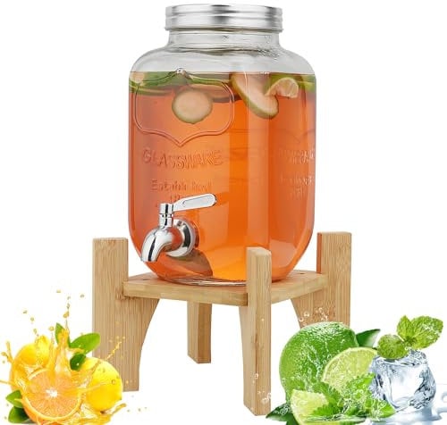 Hiziwimi 4L Getränkespender mit Ständer, Getränkespender aus Glas mit Zapfhahn aus massivem Edelstahl (4L-Glas mit Ständer aus Bambus)