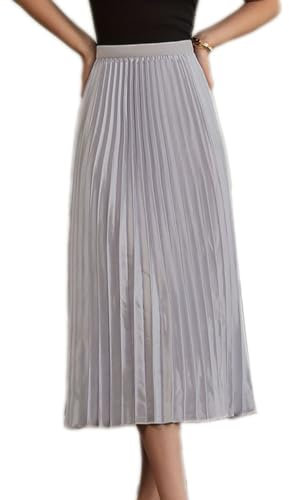 seiveini Damen Plisseerock Länge Elegant Plissee-Maxirock Elastische Taille Chiffon Langer Faltenrock Elastischer Bund für Frühling Sommer Herbst Rock Lang 90cm Einfarbig Vintage A Hellgrau L
