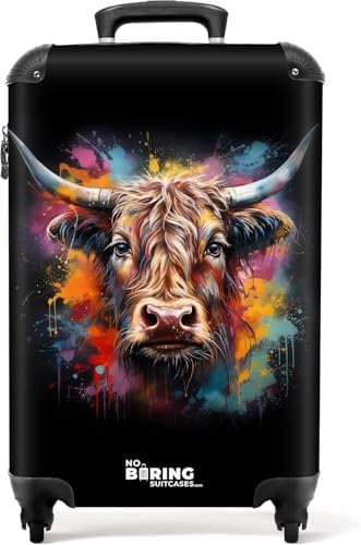 NoBoringSuitcases.com® Adults Luggage Suitcase Women Men - Personalised Cabin Suitcase on Wheels - Graffiti - Scottish Highland Cow - 55x40x20cm - Hard Shell Luggage - 20 Inch - 10kg
