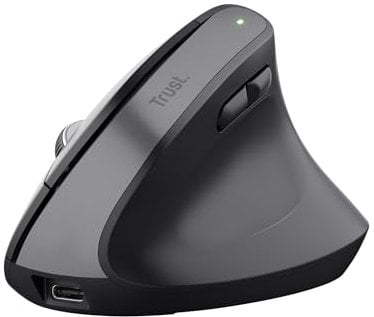 Trust Bayo+ Wiederaufladbare Vertikale Maus Bluetooth + RF 2.4GHz, Vorbeugung Gegen Mausarm/Tennisarm (RSI Syndrom), 70% Recyclingkunststoff, Kabellose Ergonomische Maus PC, Laptop, Mac - Schwarz